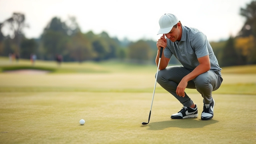 Golfer reading green and preparing putt with putter, analyzing slope and grain, focused expression on manicured putting surface