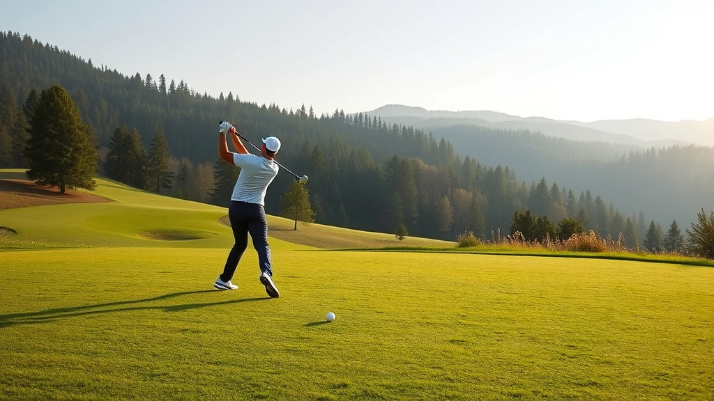 Golfer mid-swing on lush fairway with rolling hills and forest backdrop, morning sunlight, professional golfer in athletic wear, pristine grass conditions, no text or signage visible