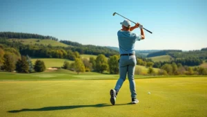 Professional golfer mid-swing on lush fairway with Wisconsin rolling hills and trees in background, clear blue sky, natural daylight, photorealistic