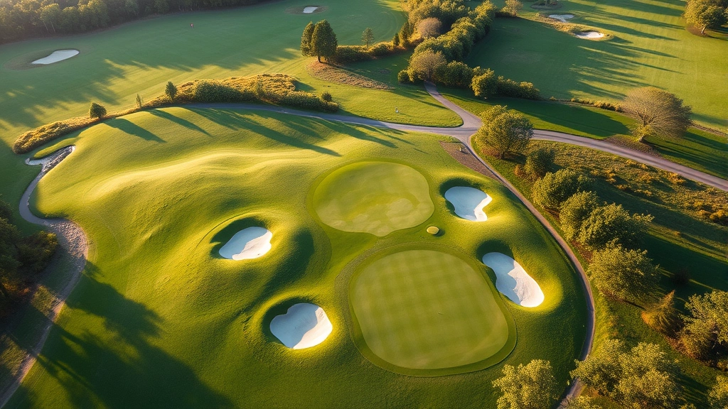 Overhead view of manicured golf course green with bunkers, fairway, and natural landscape, morning light, no people visible, pristine conditions