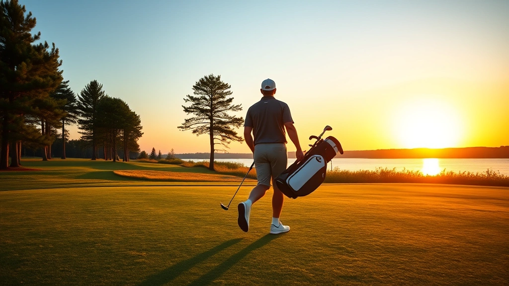 Golfer walking on fairway carrying golf bag during golden hour sunset, scenic Wisconsin landscape with trees and distant water, peaceful course conditions, professional golfer in comfortable attire
