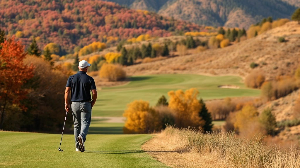 Golfer walking along scenic course path with autumn foliage, dramatic elevation changes, natural terrain, peaceful setting, professional photography style