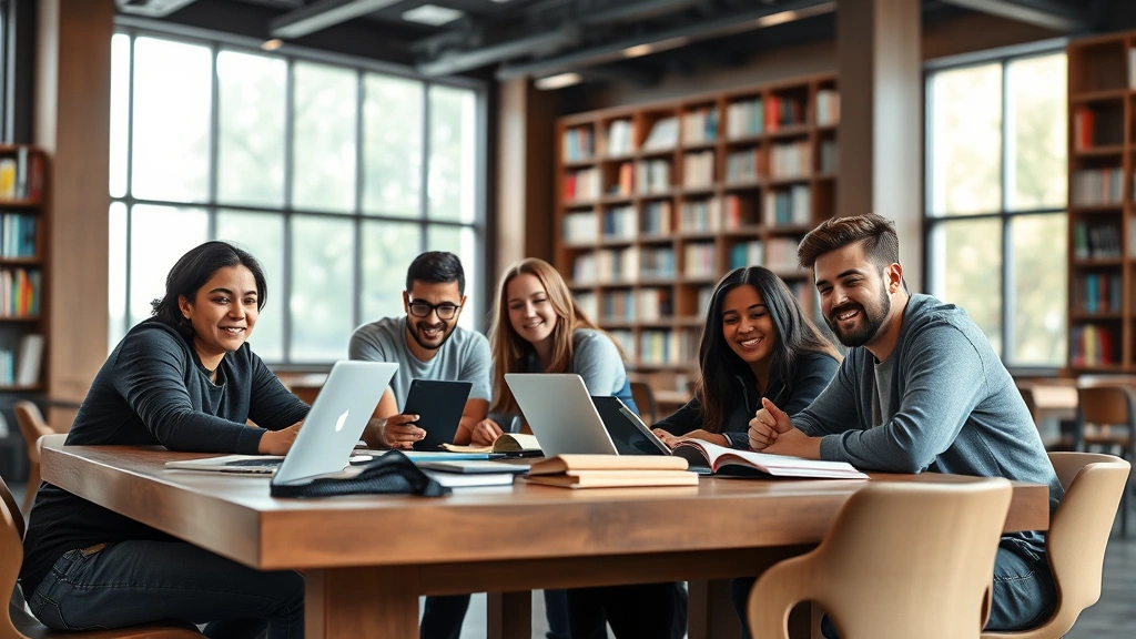 A diverse group of college students sitting in a modern university library studying together at a large wooden table with laptops and textbooks, natural window light streaming in, focused and engaged expressions