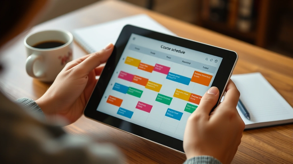 Close-up of a student's hands holding a tablet displaying a digital course schedule calendar with color-coded classes, coffee cup and notebook visible on desk, warm natural lighting