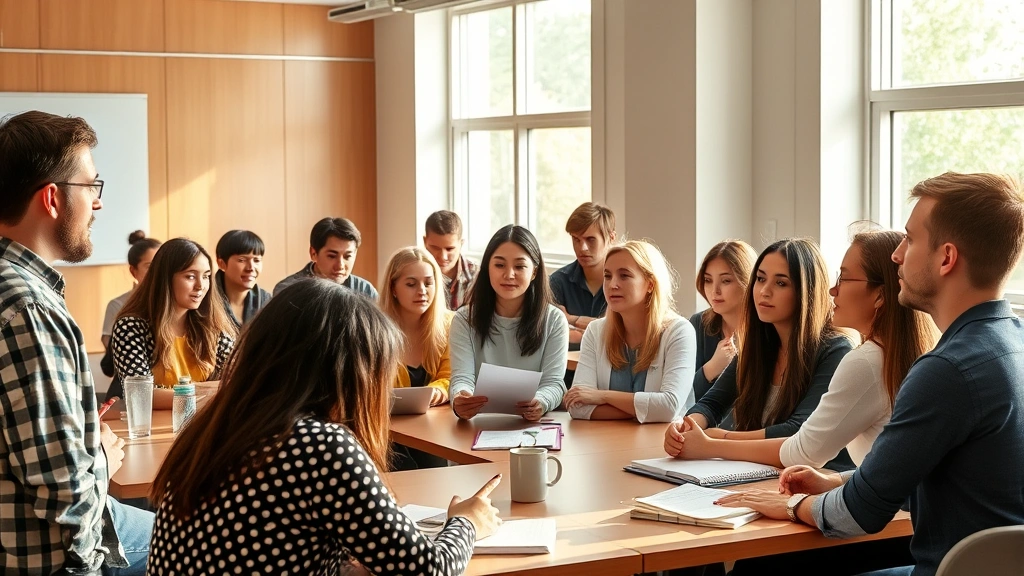 Diverse group of students in university classroom, instructor teaching at front, students taking notes and engaged, morning sunlight through windows, collaborative learning environment with varied ages and backgrounds