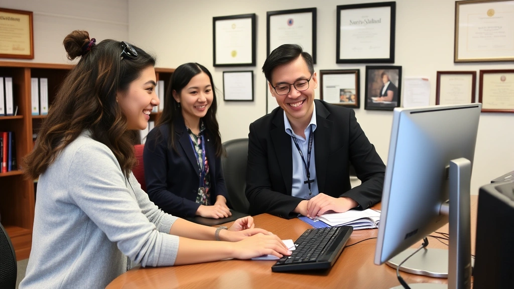 Student at registration desk speaking with academic advisor, both looking at computer screen, friendly helpful interaction, university administrative office setting with diplomas and institutional photos on walls