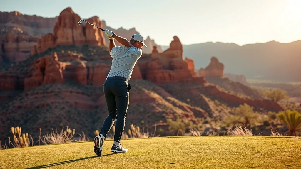 Close-up of professional golfer mid-swing on elevated tee box with canyon vista behind, morning sunlight on red rock formations, desert golf environment
