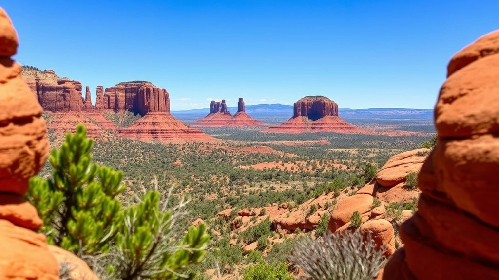 Scenic view from elevated green overlooking Sedona desert landscape with multiple rock formations, clear blue sky, natural desert vegetation framing the hole