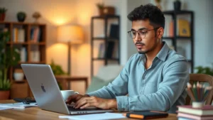 Adult student studying on laptop at home desk with coffee cup, warm lighting, focused expression, comfortable home office setting, diverse professional in casual clothing