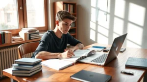 A focused university student at a wooden desk with open notebooks and a laptop, surrounded by organized study materials, natural window light streaming across the workspace, demonstrating concentration and productive studying