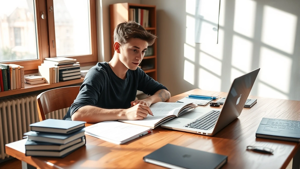 A focused university student at a wooden desk with open notebooks and a laptop, surrounded by organized study materials, natural window light streaming across the workspace, demonstrating concentration and productive studying