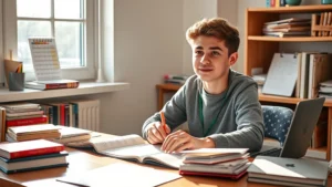 Student sitting at desk with planner and calendar, sunlight through window, focused expression, organized workspace with books and laptop