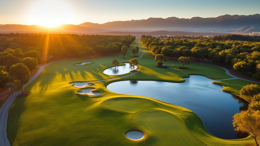 Aerial view of scenic 18-hole championship golf course with manicured fairways, bunkers, and water features surrounded by green trees and mountains in background during golden hour sunlight