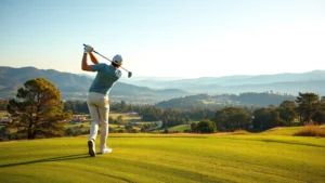 Golfer mid-swing on elevated fairway with valley landscape below, morning light, professional form, realistic photography