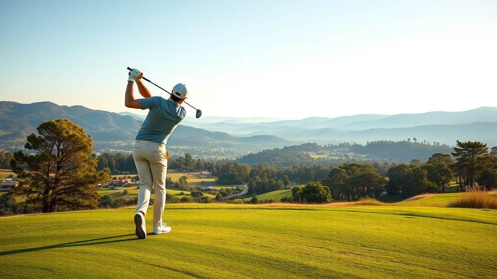 Golfer mid-swing on elevated fairway with valley landscape below, morning light, professional form, realistic photography