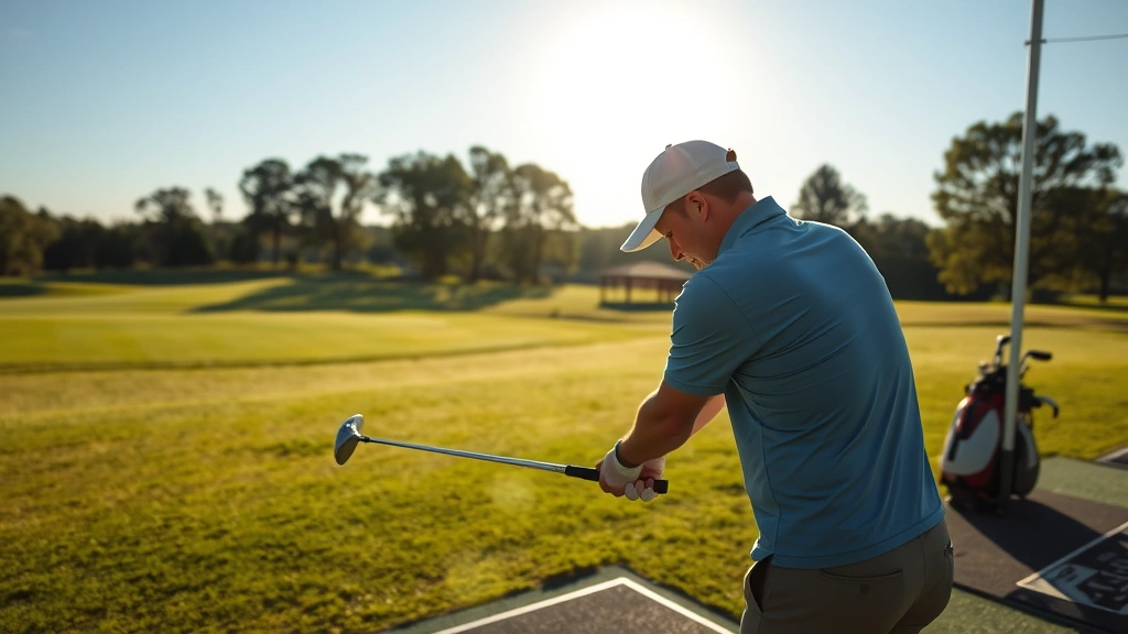 Beginner golfer at practice range hitting balls with iron club, warm sunlight, peaceful course setting, focused concentration on swing mechanics