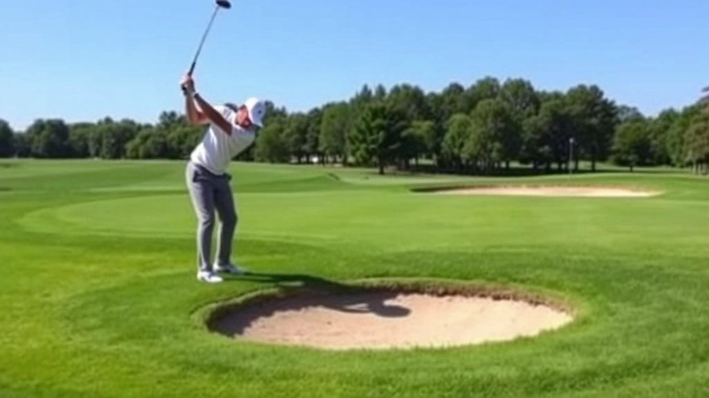 Golfer chipping from fairway near green with sand bunker visible, professional form, manicured grass, clear blue sky, instructional moment