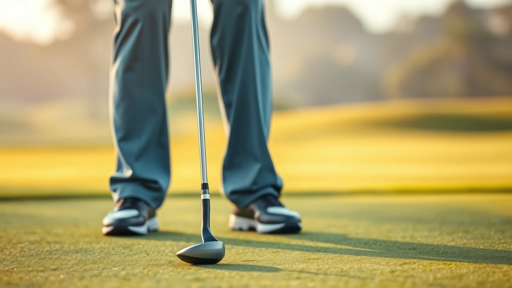 Golfer on putting green with putter, focused expression, smooth green surface, morning light, successful putt moment captured