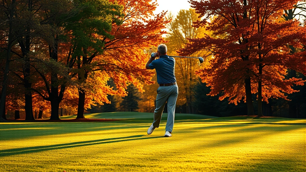 Golfer mid-swing on autumn fairway with trees displaying fall colors, golden afternoon light, green grass, realistic photography