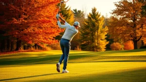 Golfer in autumn setting executing proper swing technique on fairway with fall foliage trees in background, professional form, golden hour lighting