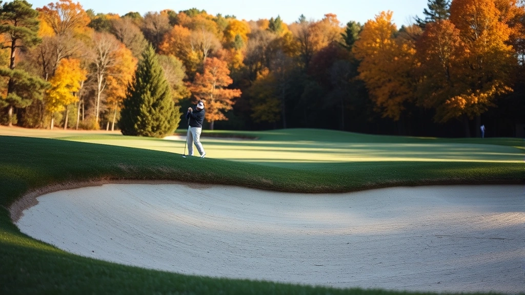 Golf course bunker with sand texture visible, autumn landscape background with color-changing trees, professional course maintenance visible, daytime lighting
