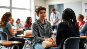 Young teenager in casual clothing sitting attentively in a classroom with diverse peers, instructor demonstrating CPR on a training manikin in background, natural daylight from windows, professional educational setting