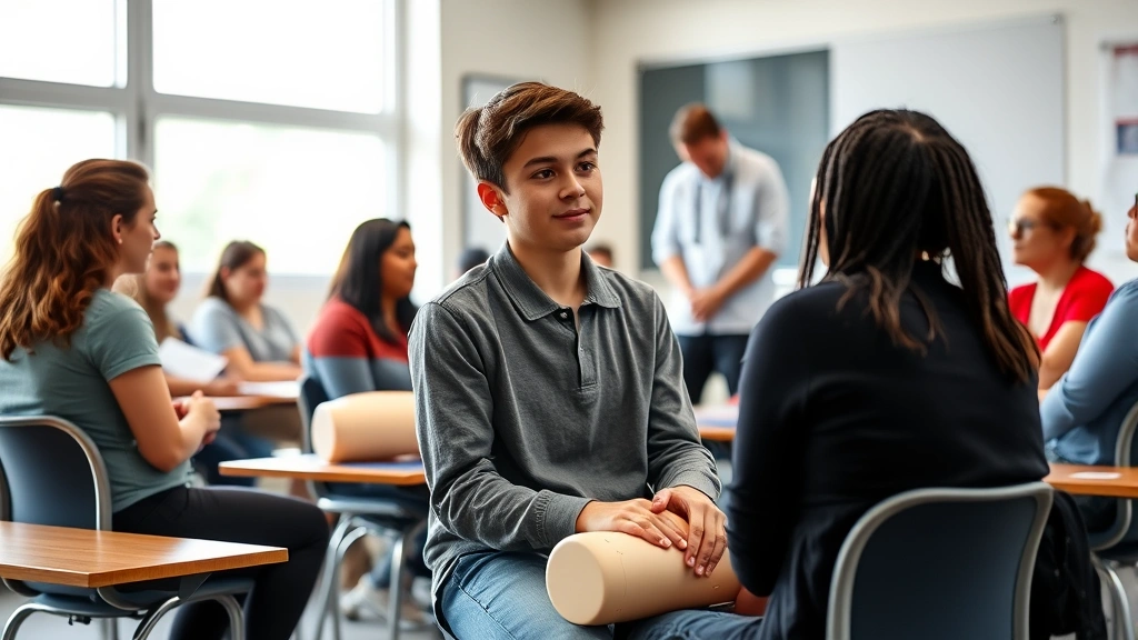 Young teenager in casual clothing sitting attentively in a classroom with diverse peers, instructor demonstrating CPR on a training manikin in background, natural daylight from windows, professional educational setting