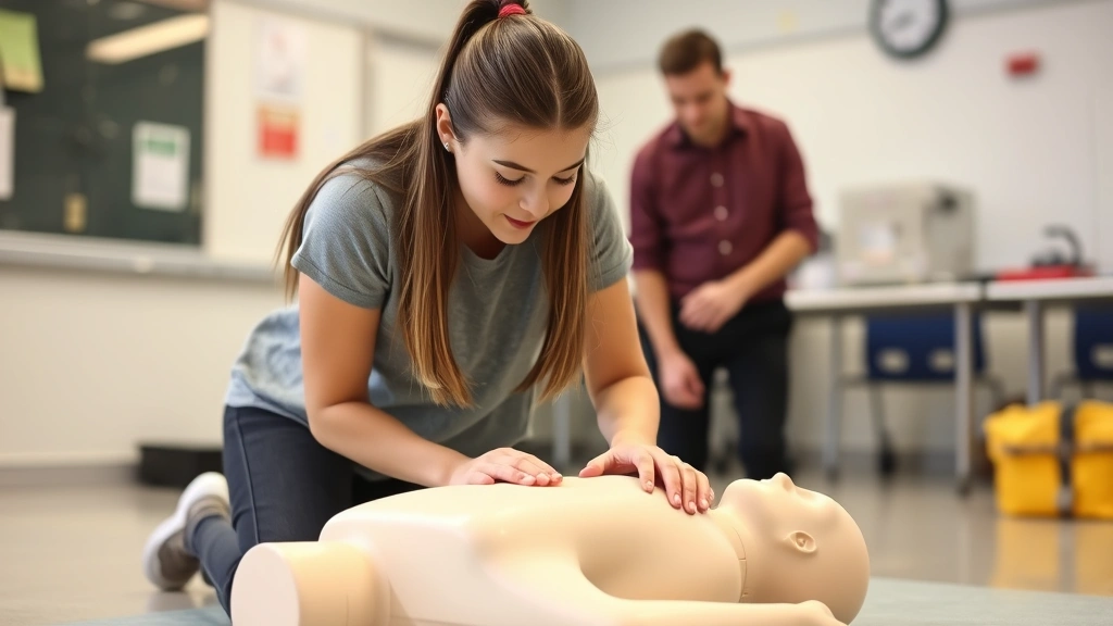 Young female teenager in casual clothing practicing CPR compression techniques on a training mannequin during a certification class, instructor observing in background, bright classroom setting