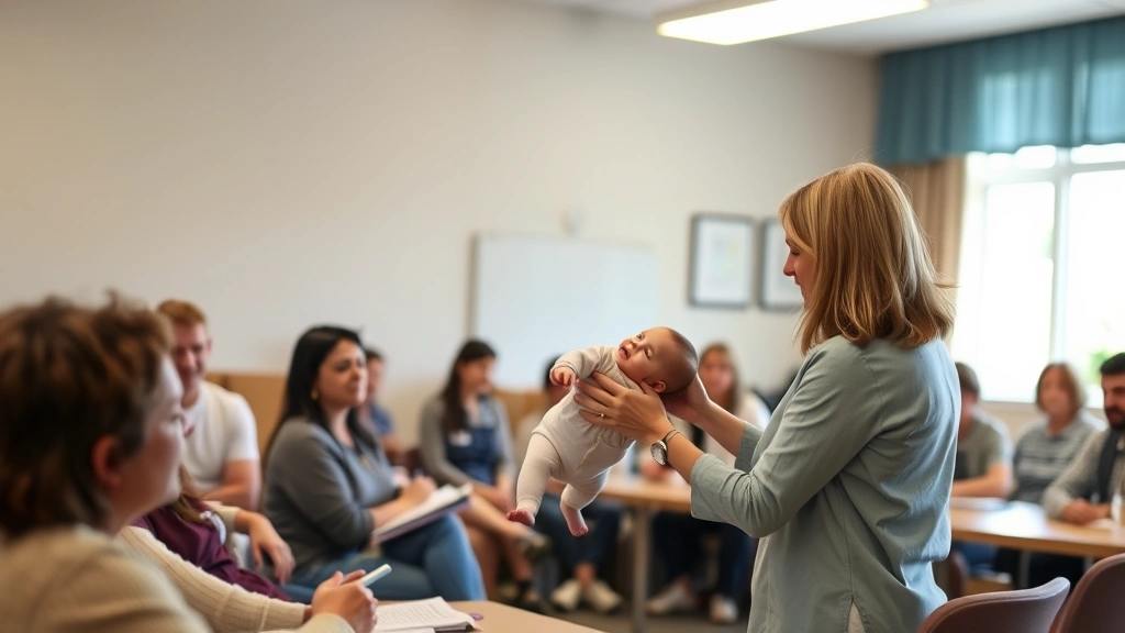 Certified instructor showing proper infant holding technique to engaged babysitting course participants, comfortable community center classroom, participants taking notes and observing carefully, warm lighting