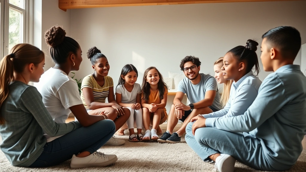 Diverse group of young babysitters sitting in a circle during a training session, engaged in discussion about child safety scenarios, natural daylight from windows, supportive learning environment