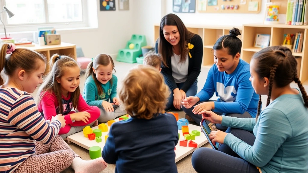 Group of young caregivers practicing age-appropriate play activities with toys and props during hands-on babysitting course session, supervised practice environment, participants smiling and engaged with learning materials