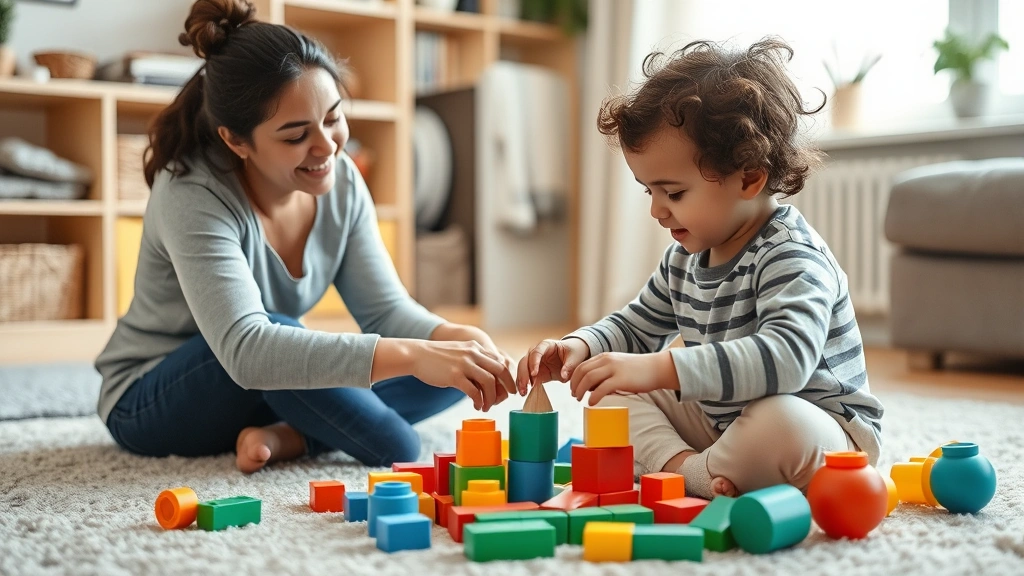 Certified babysitter playing interactive games with a young child on the floor, building blocks and toys visible, warm home setting demonstrating age-appropriate childcare activities