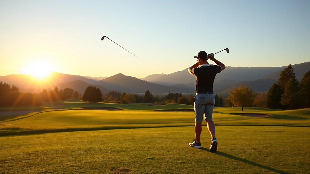 Beginner golfer in proper stance position at sunrise on beautiful golf course with mountains in background, demonstrating correct posture and alignment
