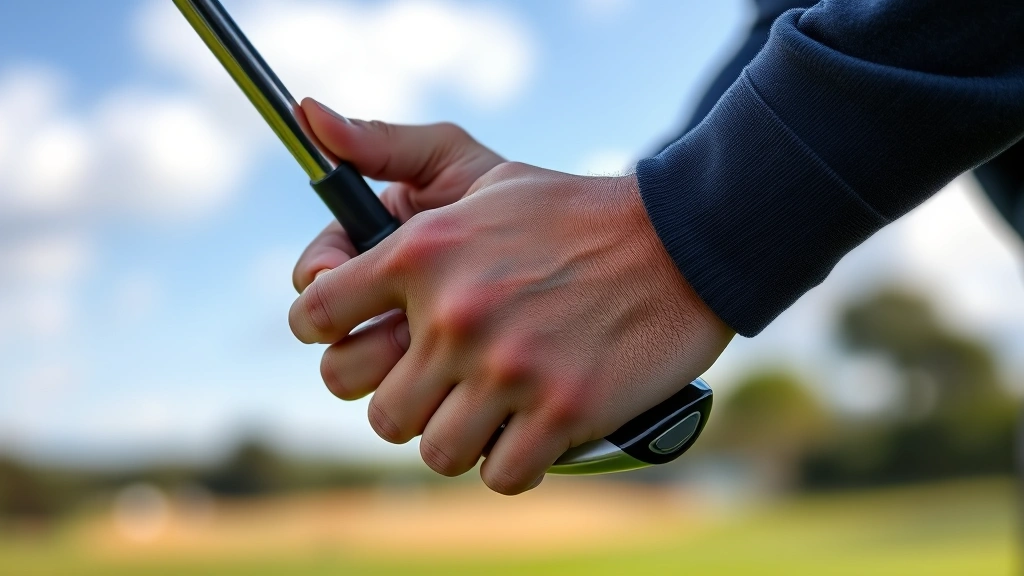Close-up of golfer's hands showing proper overlapping grip technique on golf club during practice session at driving range