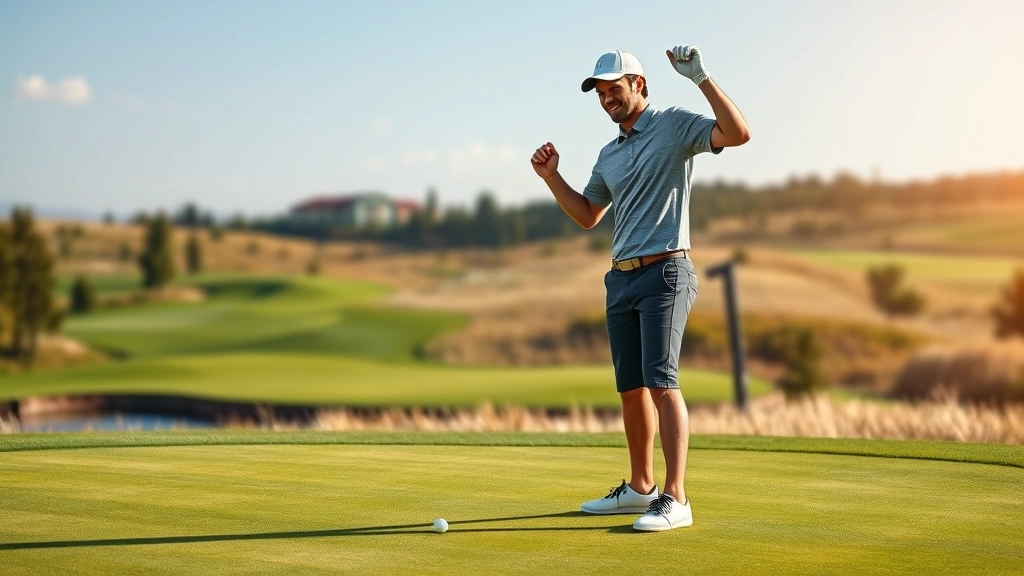 Young golfer celebrating successful putt on green at scenic championship golf course, showing confidence and positive emotion