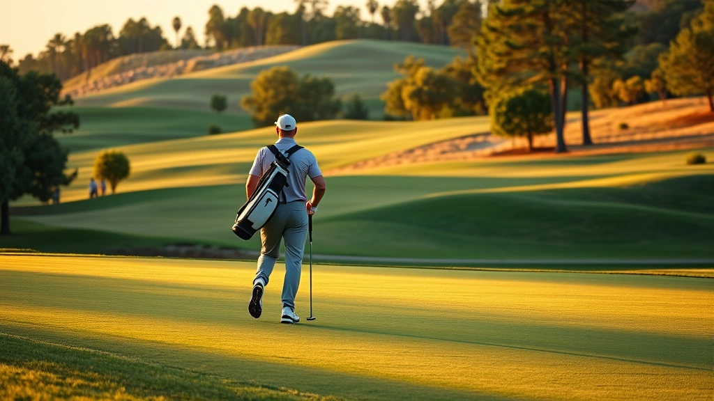 Golfer walking fairway carrying golf bag in beautiful course setting with undulating terrain, trees and landscaping, golden hour lighting, peaceful concentration, no text elements