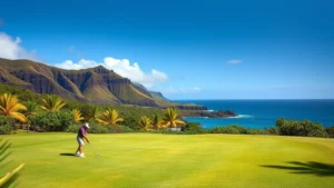 Golfer addressing ball on fairway with volcanic rock formations and native Hawaiian vegetation visible in background, blue ocean visible in distance, trade winds creating natural landscape drama