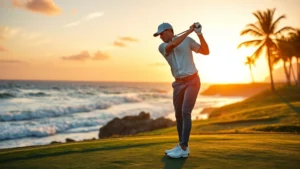 Golfer at sunset on coastal golf course with ocean waves and palm trees in background, professional stance mid-swing, golden hour lighting, realistic photography
