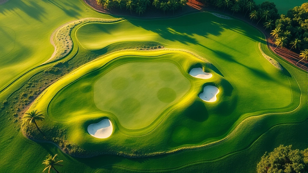 Aerial view of undulating Hawaiian golf course hole with tiered greens, strategic bunkers protecting scoring zones, natural terrain integration, lush green fairways under tropical sunlight
