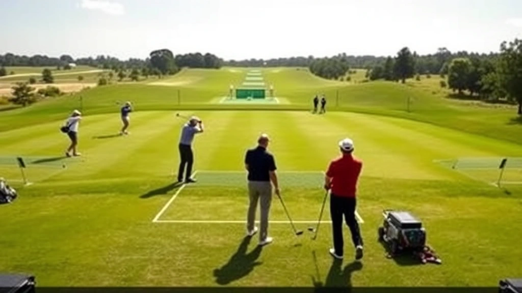 Golf practice range with multiple golfers hitting balls toward distant targets, varied shot selection, lush green fairways, professional training environment, natural daylight
