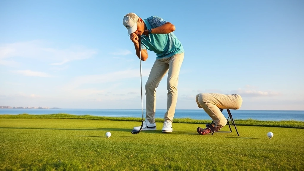 Golfer reading green on putting surface with ocean view backdrop, analyzing slope and break, focused concentration expression, beautiful coastal hole setting, photorealistic