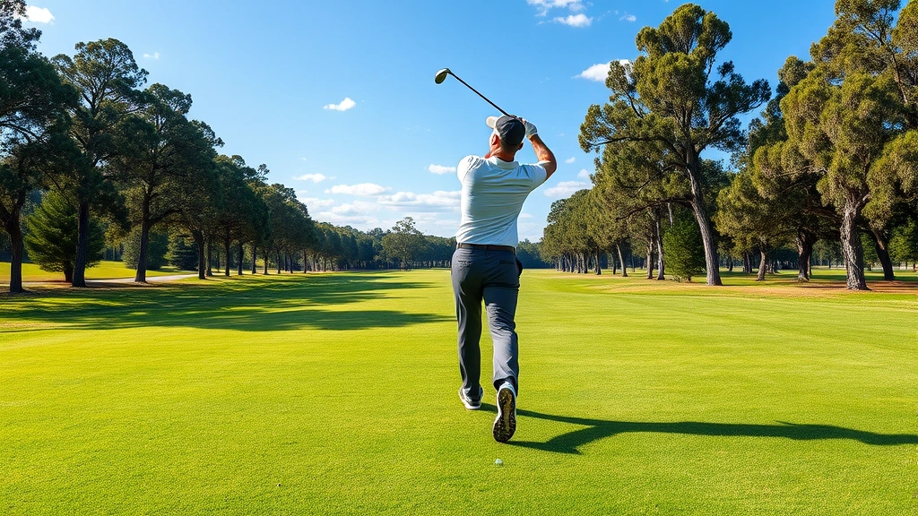 Golfer in mid-swing on lush fairway with trees and blue sky, professional form and concentration visible, natural outdoor lighting