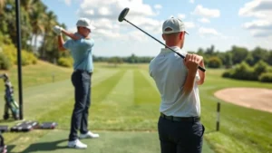 Professional golfer demonstrating proper grip and setup position on driving range with focused concentration and correct posture alignment