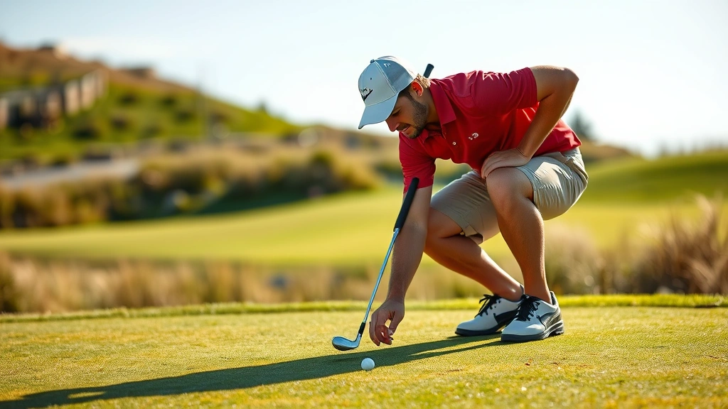 Golfer analyzing putt on green with focused expression, surrounded by natural grass and course landscape, sunny day conditions