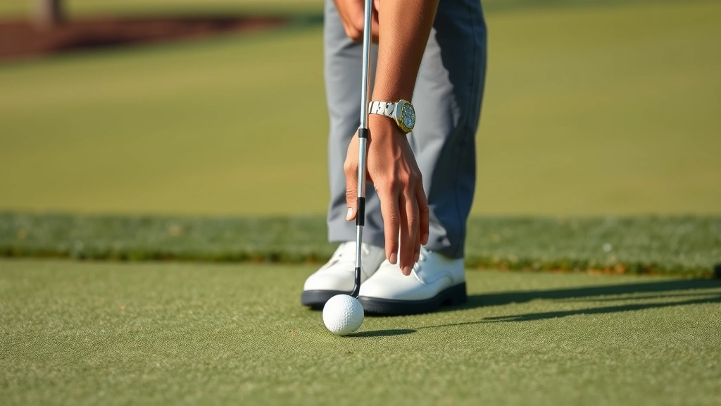 Golfer executing short game chip shot near green with precise hand positioning and controlled swing motion on manicured course