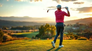 Professional golfer in mid-swing on elevated tee box with scenic fairway below, dramatic landscape, golden hour lighting, focused expression