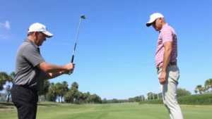 Professional golf instructor demonstrating proper grip and stance to adult student on practice range, showing hand positioning and body alignment