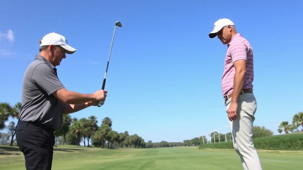 Professional golf instructor demonstrating proper grip and stance to adult student on practice range, showing hand positioning and body alignment