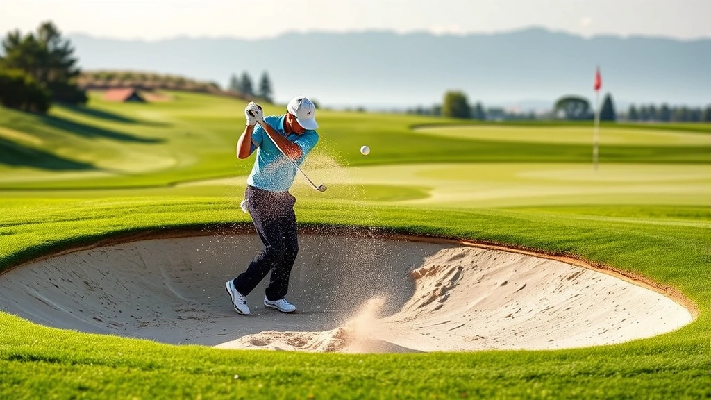 Golfer executing bunker shot with sand spray, athletic stance mid-swing, bunker with defined edges, fairway and green visible in background