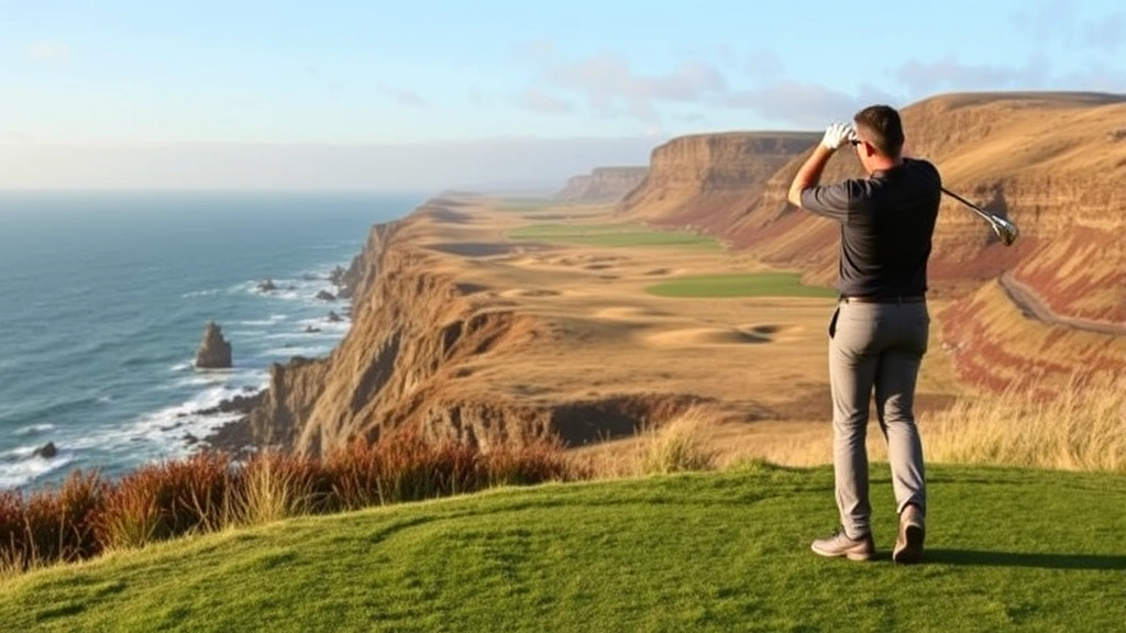 Golfer hitting drive from elevated tee overlooking dramatic Irish coastal cliffs and ocean, windswept dunes visible in background, golden afternoon light, authentic links landscape with no text or signage